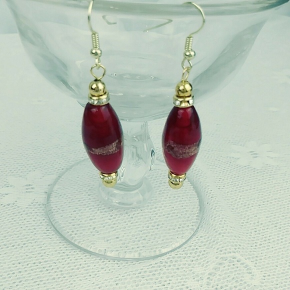 Earrings Dangle  Large Lampwork Beads Red Gold - Picture 3 of 4